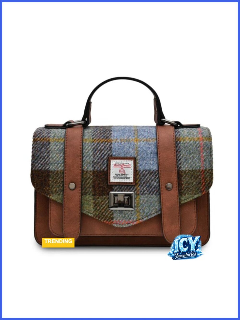 Medium Tweed Satchel Handbag Harris Tweed Vegan Leather Crossbody